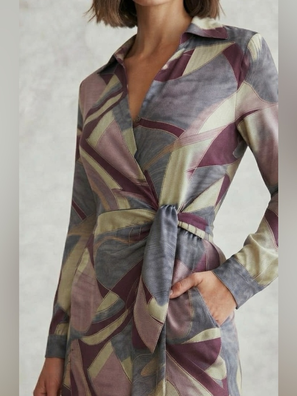NWT Dress Forum "Umber Mosaic" Abstract Print Tie-Front Midi Shirt Dress - Picture 2 of 9